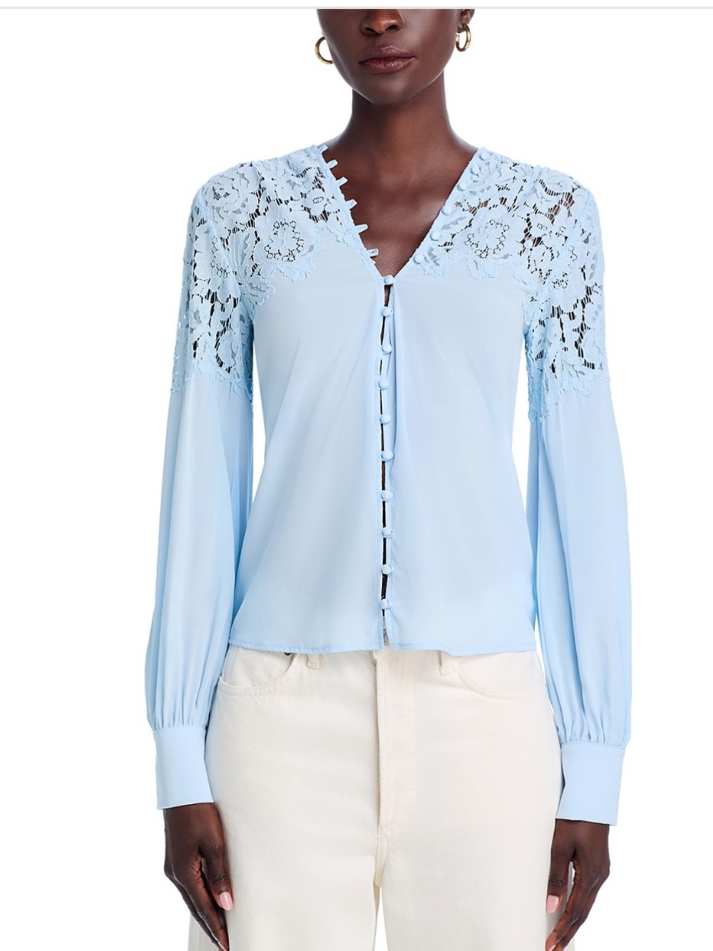 Generation Love Pale Blue Lace Yoke V-Neck Blouse